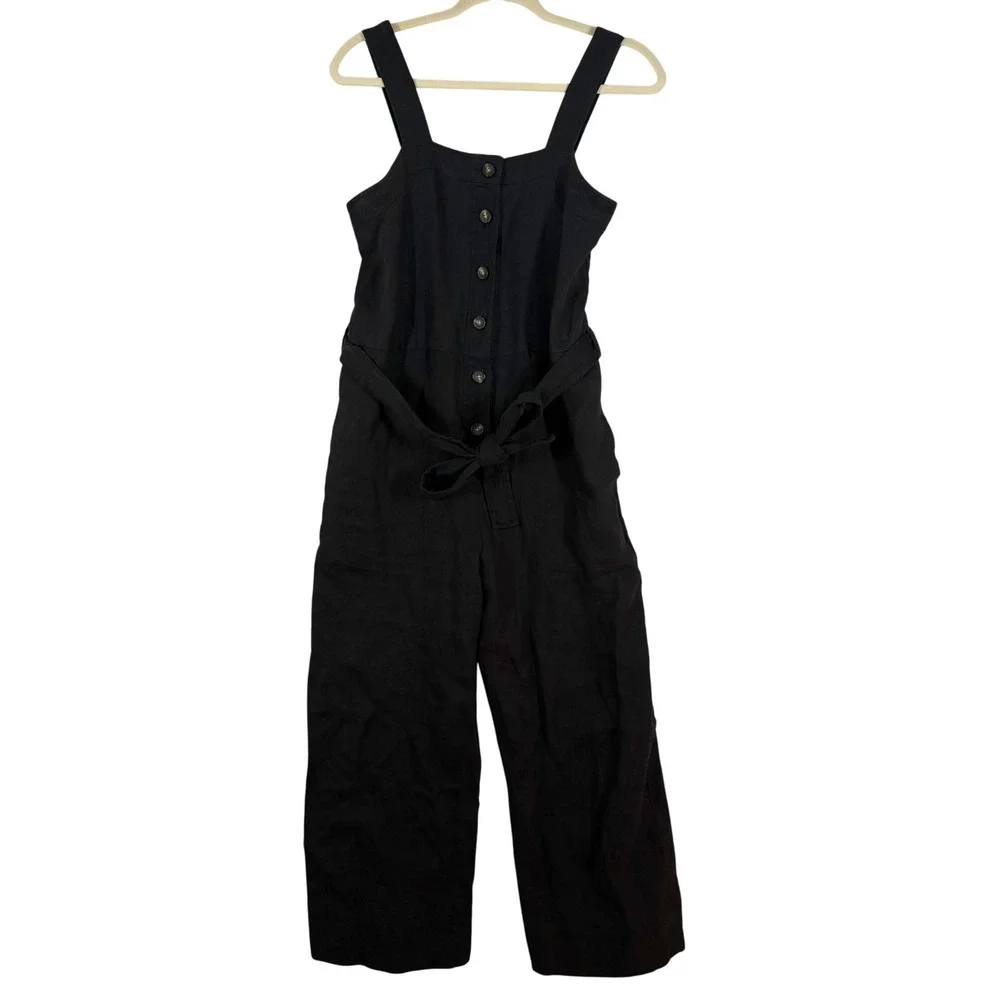 Everlane Linen Picnic Straight Leg Jumpsuit Size 0 Black Sleeveless Button Front
